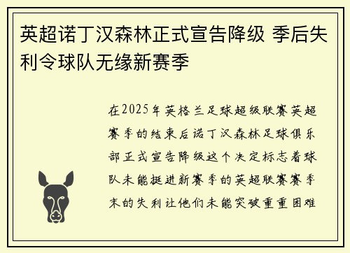 英超诺丁汉森林正式宣告降级 季后失利令球队无缘新赛季